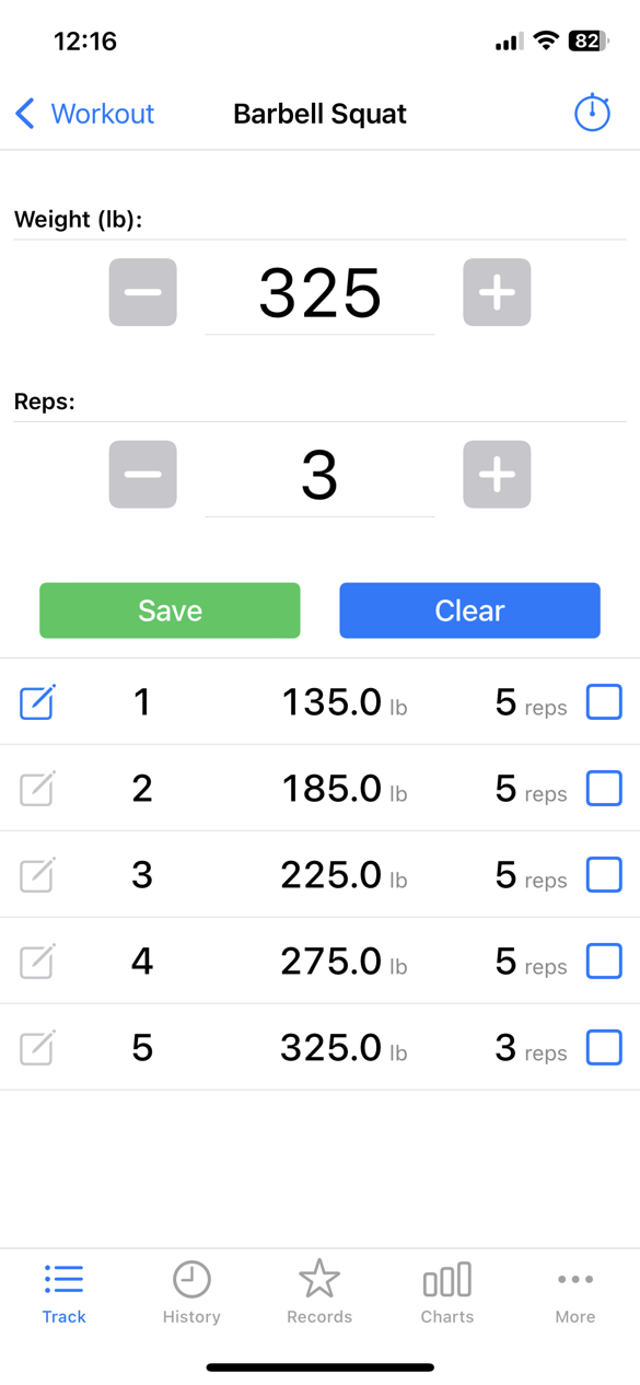 Barbell Squat with 5 sets saved